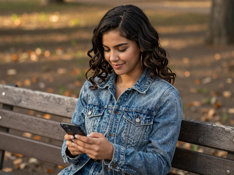 Camila, 29, browsing Salmadate professional dating site on her smartphone at a park bench