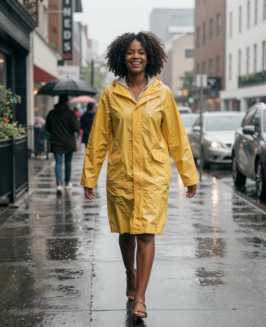 Amara, 33, verified Salmadate profile card showing a woman walking in the rain in a yellow raincoat