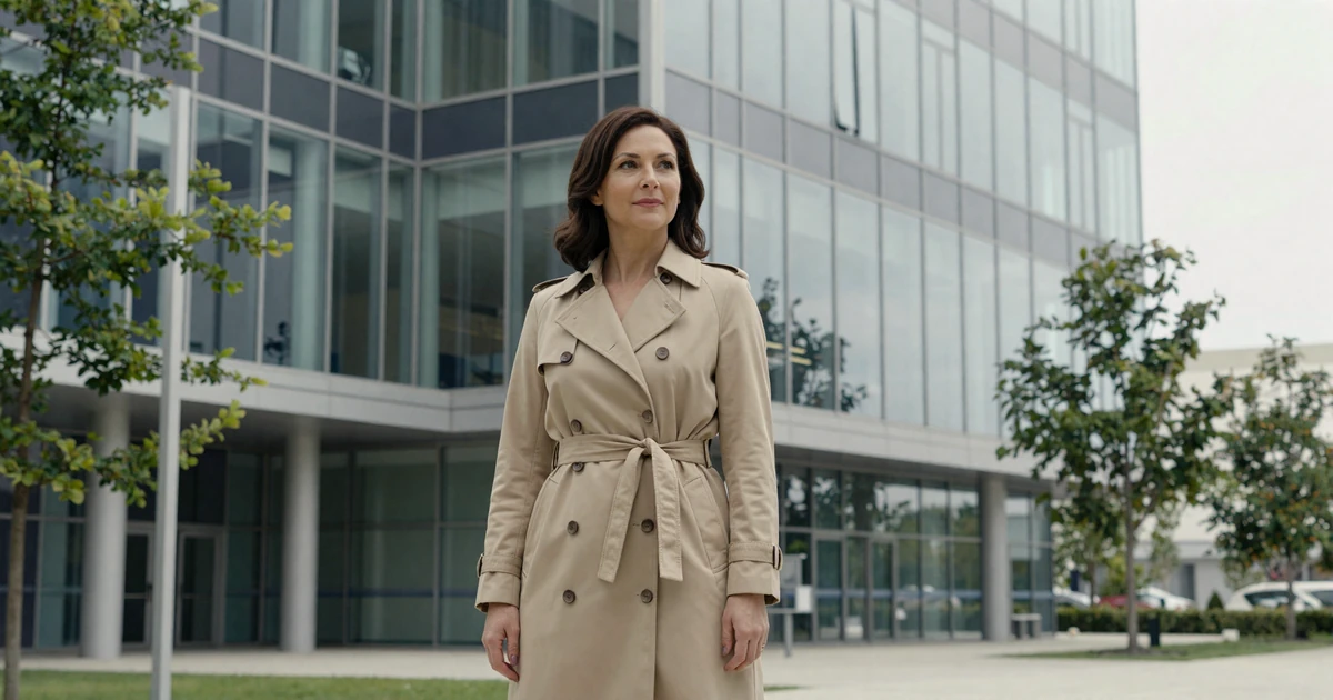 Confident woman in a trench coat outside a modern building, representing secure online dating on Salmadate