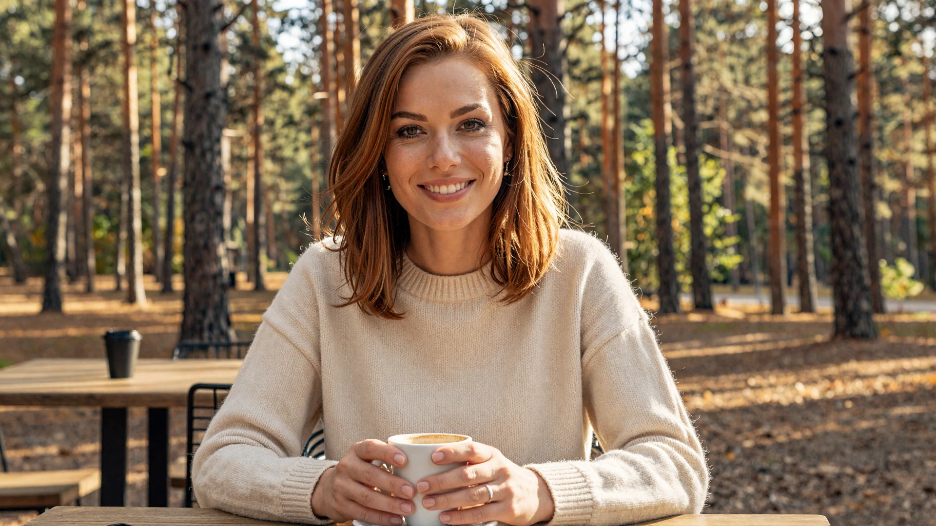 Woman enjoying coffee at a forest-edge cafe, representing authentic connections on Salmadate dating platform