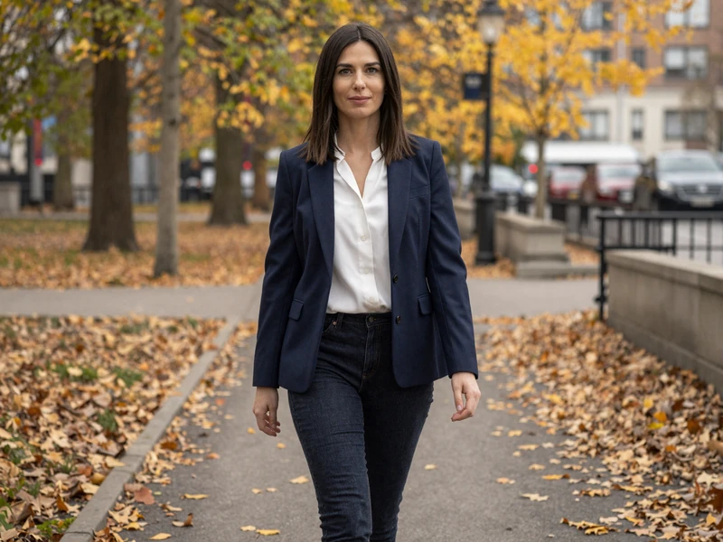 Professional woman walking through autumn city park, representing authentic dating on Salmadate