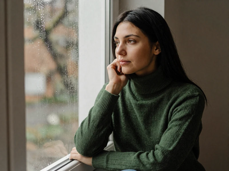 Thoughtful woman by a rainy window, representing Salmadate FAQ for professionals exploring online dating