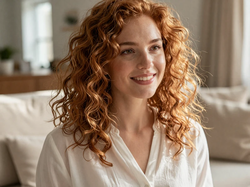 Woman with red hair smiling in a sunlit living room, representing genuine verified profiles on Salmadate