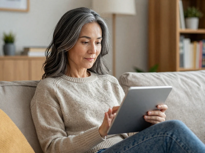 Mature woman reading a tablet on a couch, representing the Salmadate Safety Centre knowledge hub